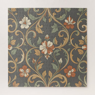 Orange Cream Floral Damask Pattern Ornate Scroll Jigsaw Puzzle