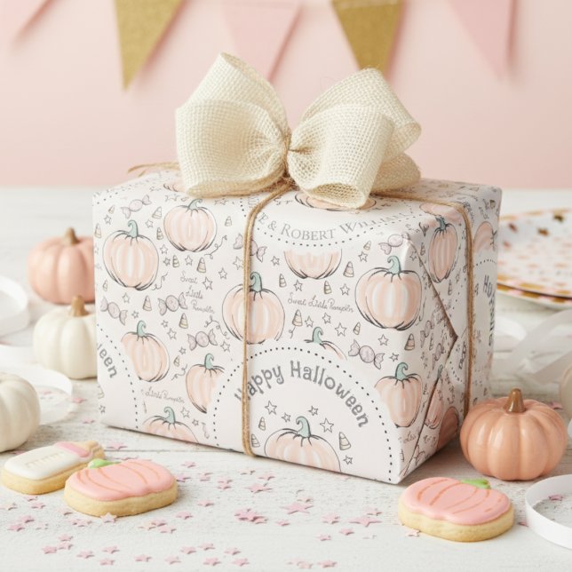 Orange & Cream Little Pumpkin Baby Halloween Wrapping Paper (Fun Whimsical Pastel Orange Pumpkins Pattern Gift Wrap for Kids Halloween Party or October Birthday)