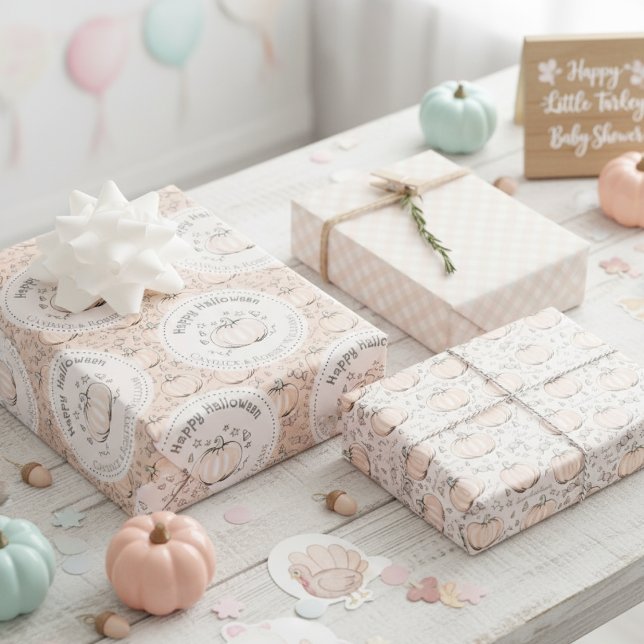 Orange & Cream Little Pumpkin Baby Halloween Wrapping Paper Sheet (Cute Pastel Orange Congratulations Little Pumpkin Thanksgiving Baby Shower Wrapping Paper for Her)