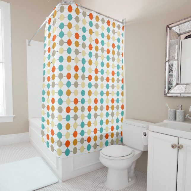 Orange Cream Turquoise Tan Circles On Black Lines Shower Curtain (In Situ)