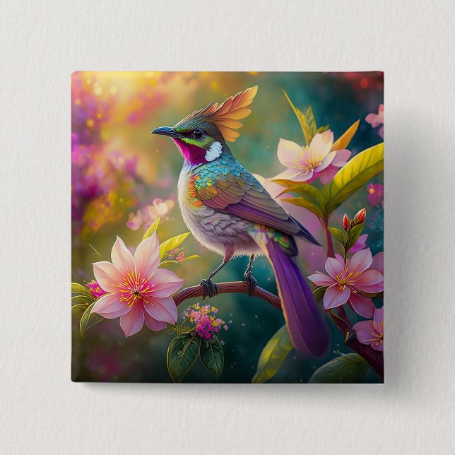 Orange Crested Rainbow Jay Fantasy Bird 15 Cm Square Badge (Front)