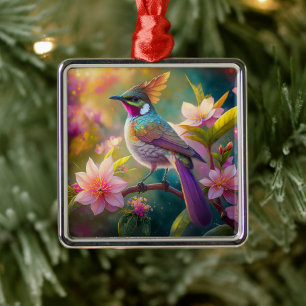 Orange Crested Rainbow Jay Fantasy Bird Metal Tree Decoration
