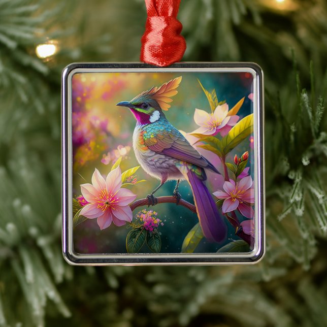 Orange Crested Rainbow Jay Fantasy Bird Metal Tree Decoration (Tree)