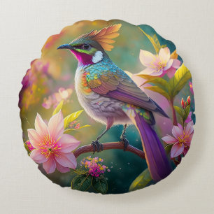 Orange Crested Rainbow Jay Fantasy Bird Round Cushion