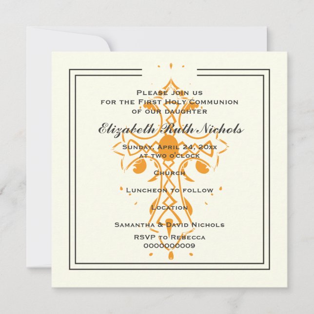 Orange Cross First Communion Baptism Confirmation Invitation (Front)