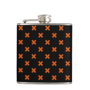 Orange cross stitches on black hip flask