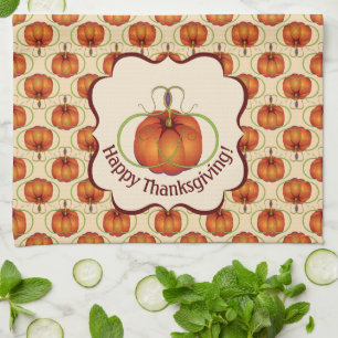 Orange Curvy Pumpkin Autumn Pattern Tea Towel