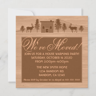 Orange customisable log cabin moving invitations
