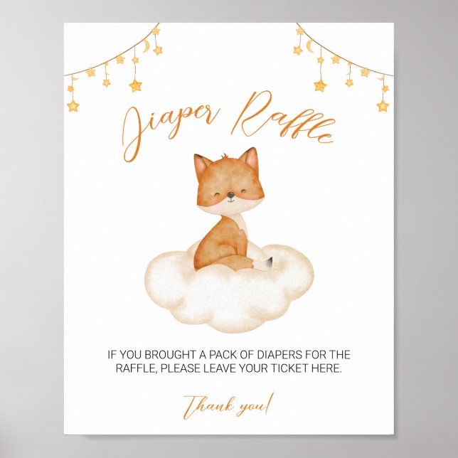 Orange Cute Fox Baby Shower Diaper Raffle Poster (Front)
