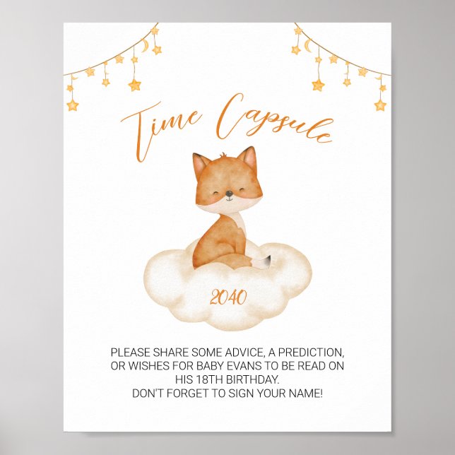 Orange Cute Fox Baby Shower Time Capsule Poster (Front)