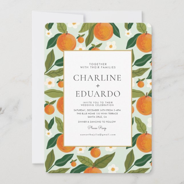 Orange Cute Green Summer Wedding QR Code Invitation (Front)