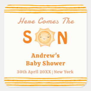 Orange Cute Here Comes The Son Baby Shower Square Sticker
