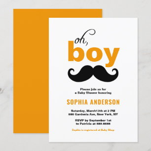 Orange Cute It's a Boy Moustache Baby Shower Invitation