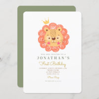Orange Cute Lion King 1st Birthday Invitation
