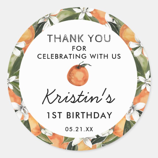 Orange Cutie 1st Birthday Thank You Favour Classic Round Sticker (Front)