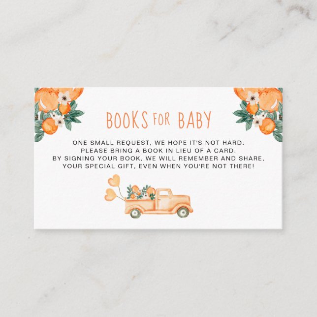 Orange Cutie Gender Neutral Shower Books for Baby Enclosure Card (Front)