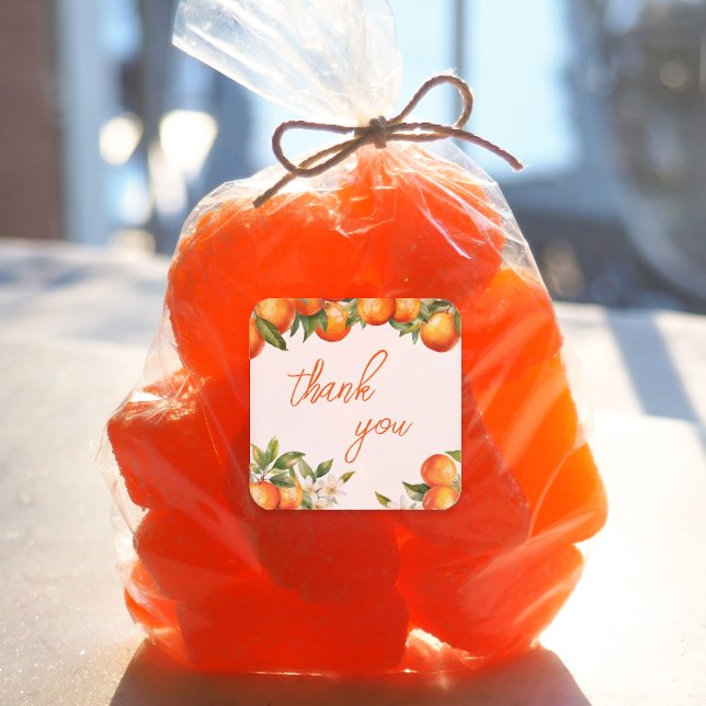 Orange Cutie Thank You Square Sticker (Little Cutie party favor sticker)
