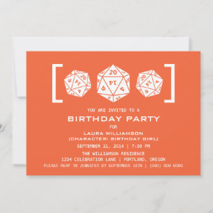 Orange D20 Dice Gamer Birthday Party Invite