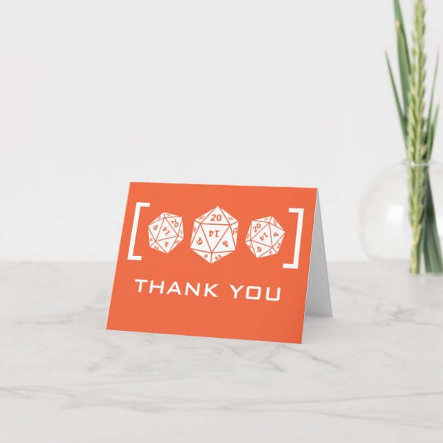 Orange D20 Dice Gamer Wedding Thank You Card (Front)