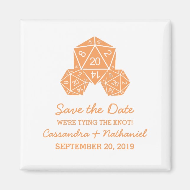 Orange D20 Dice Save the Date Magnet (Front)