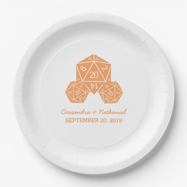 Orange D20 Dice Wedding Paper Plates (Front)