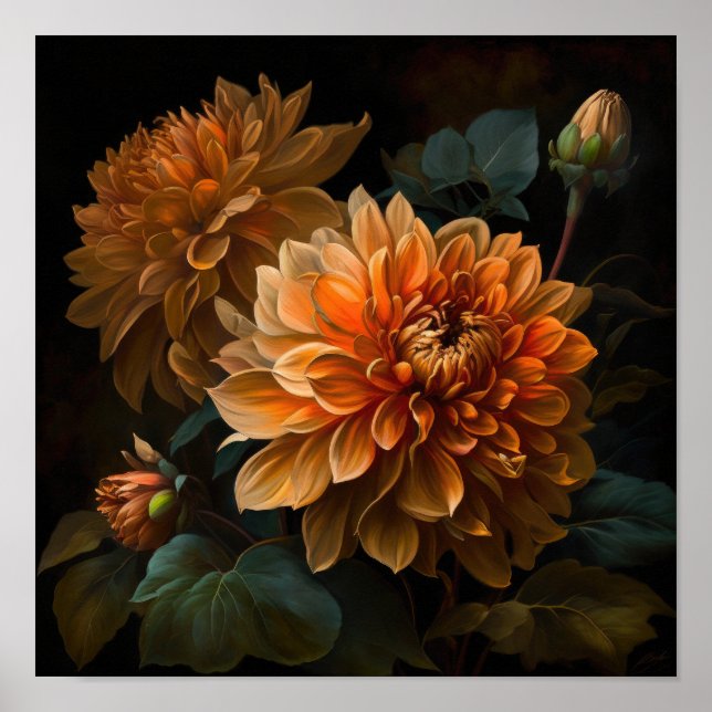 Orange Dahlias Flower Art Print Poster (Front)