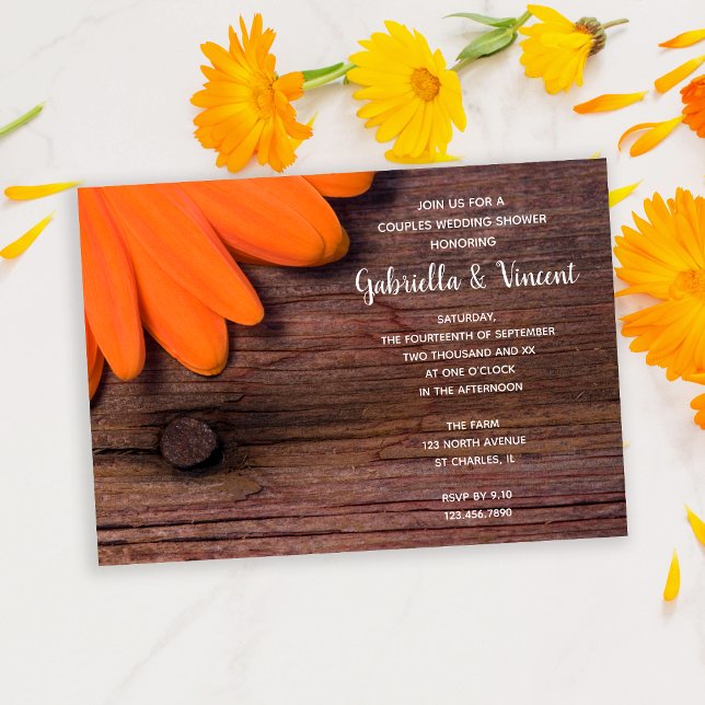Orange Daisy and Barn Wood Couples Wedding Shower Invitation (Creator Uploaded)