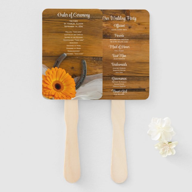 Orange Daisy and Horseshoe Country Western Wedding Hand Fan (Front and Back)