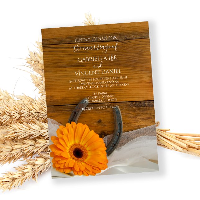 Orange Daisy and Horseshoe Country Western Wedding Invitation (Creator Uploaded)