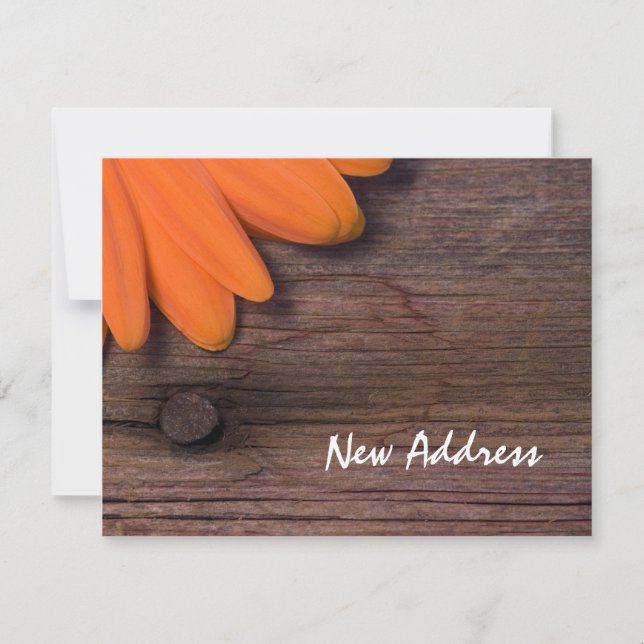 Orange Daisy and Rustic Barn Wood New Address Card (Front)