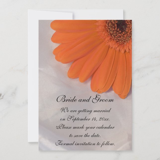 Orange Daisy and White Satin Wedding Save the Date (Front)