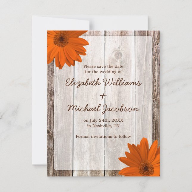 Orange Daisy Barn Wood Save the Date Announcement (Front)