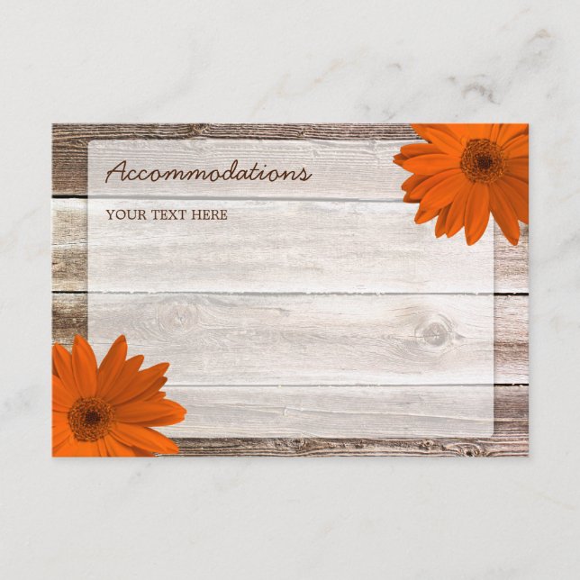 Orange Daisy Barn Wood Wedding Accommodations Card (Front)