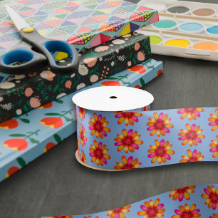 Orange Daisy Boho Pattern Hippie Floral Dusty Blue Satin Ribbon
