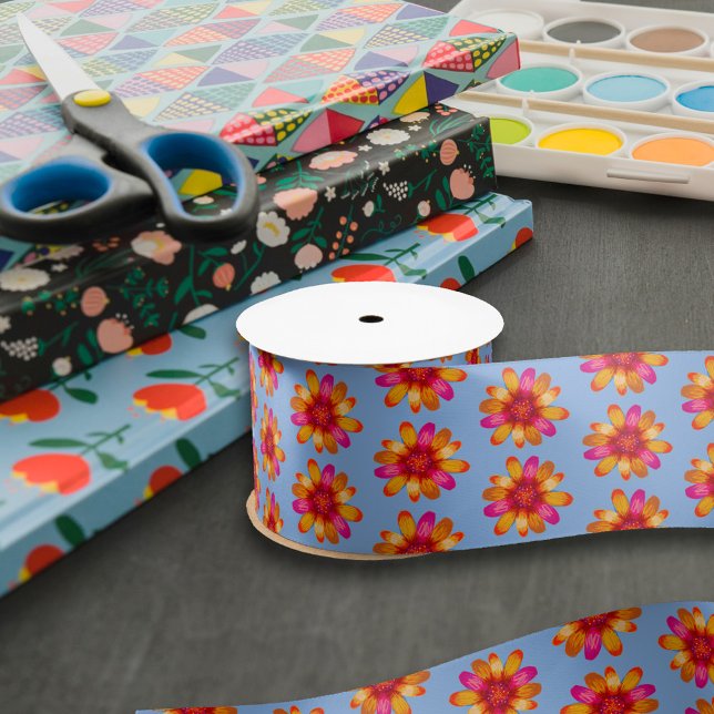 Orange Daisy Boho Pattern Hippie Floral Dusty Blue Satin Ribbon (Creator Uploaded)