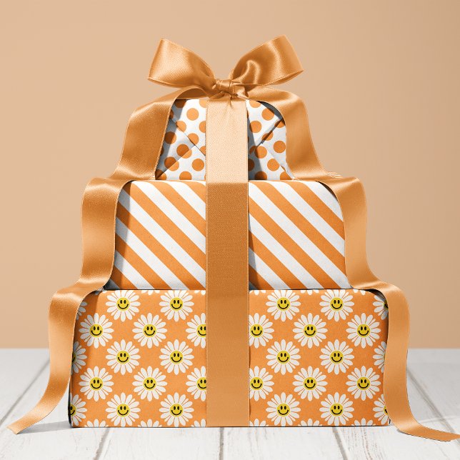 Orange Daisy Floral Stripes Polka Dot  Wrapping Paper Sheet (Creator Uploaded)