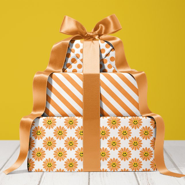 Orange Daisy Floral Stripes Polka Dot  Wrapping Paper Sheet (Creator Uploaded)