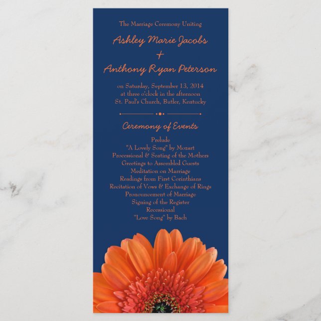 Orange Daisy Flower Navy Blue Wedding Program Programme (Front)
