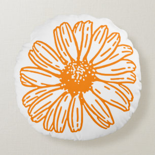 Orange Daisy Flower Print, Vintage Floral Pattern Round Cushion