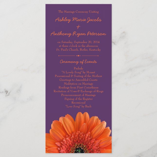 Orange Daisy Flower Purple Wedding Program Programme (Front)
