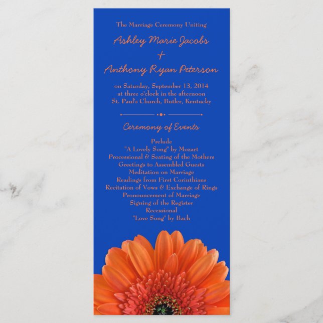 Orange Daisy Flower Royal Blue Wedding Program Programme (Front)