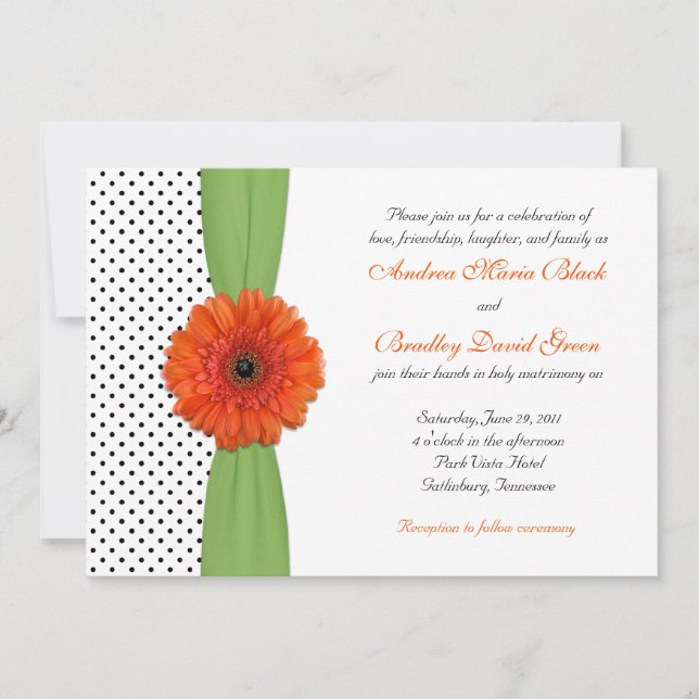Orange Daisy Green Polka Dot Wedding Invitation (Front)