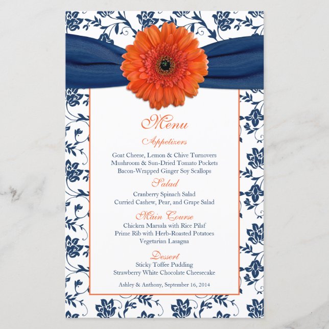 Orange Daisy Navy Blue Damask Wedding Menu Card (Front)