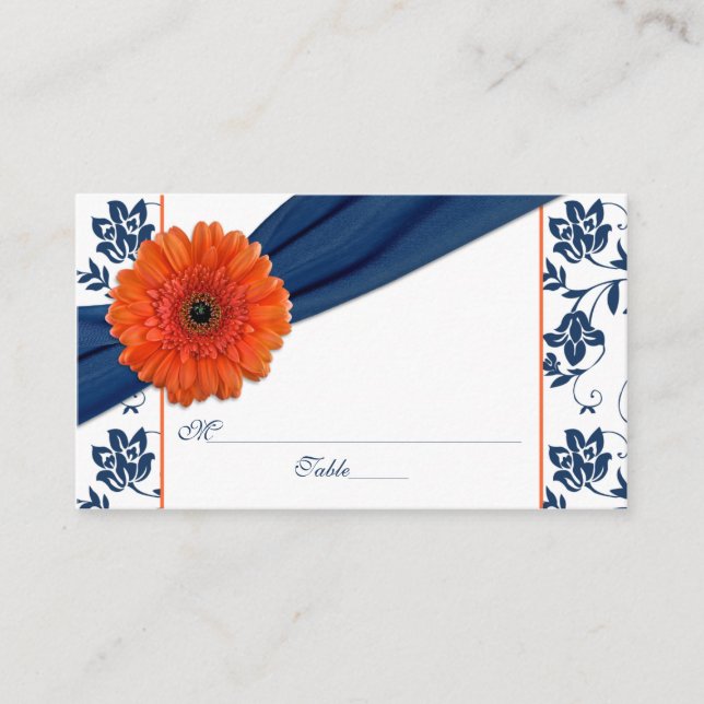 Orange Daisy Navy Blue Floral Wedding Place Cards (Front)