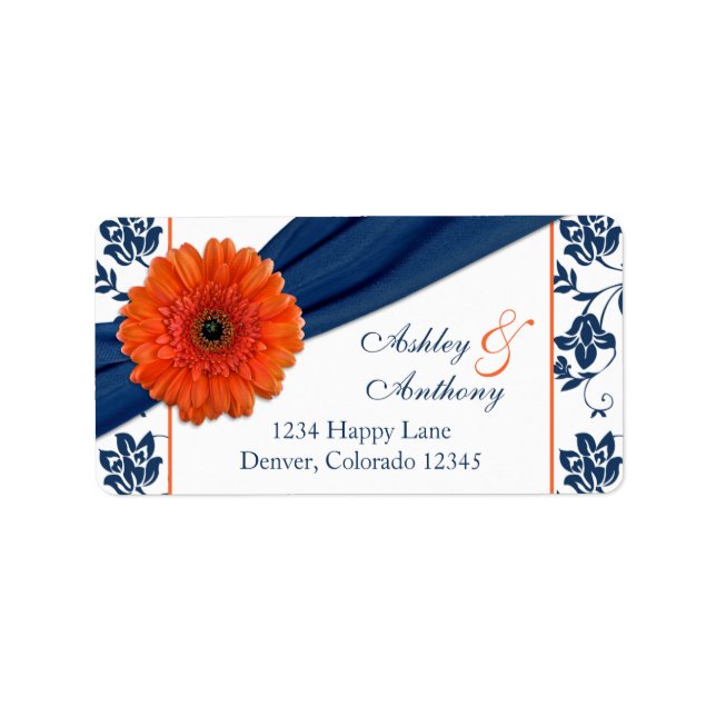 Orange Daisy Navy Damask Wedding Return Address Label (Front)