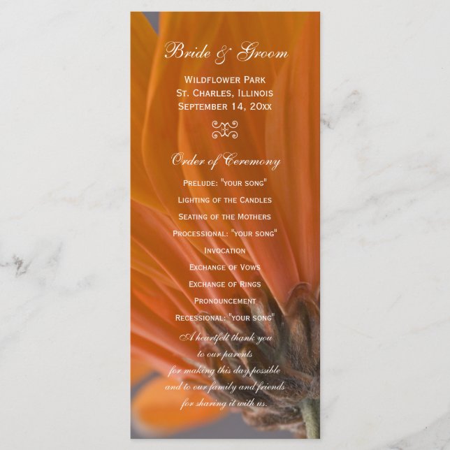 Orange Daisy on Grey Wedding Program Programme (Front)