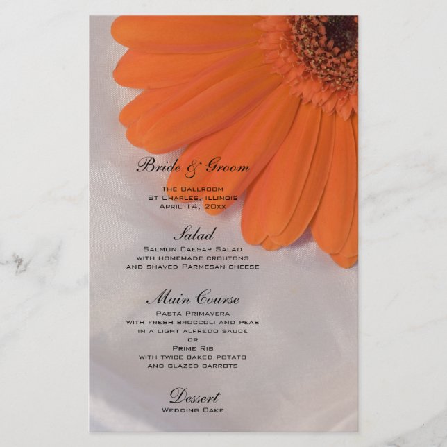 Orange Daisy on White Satin Wedding Menu (Front)