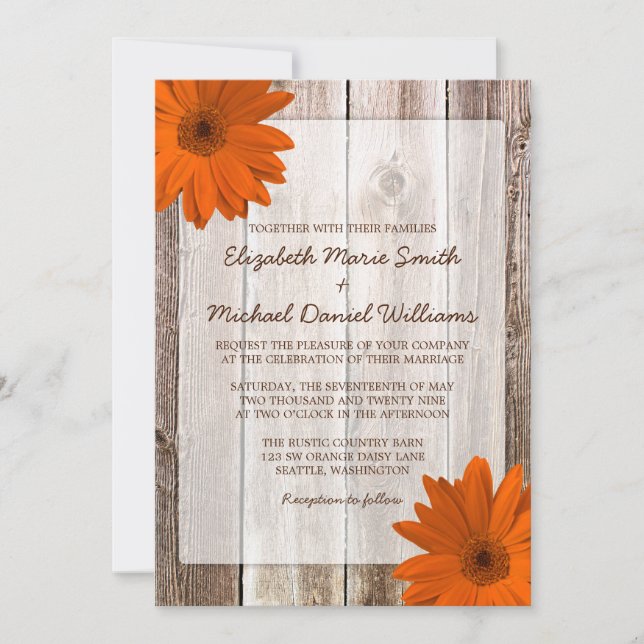 Orange Daisy Rustic Barn Wood Wedding Invitation (Front)