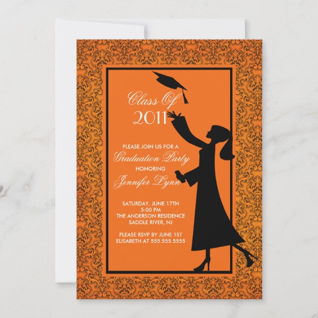 Orange Damask Graduation Invitation Graduate (Front)