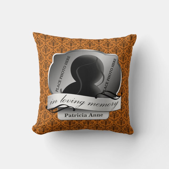 Orange Damask "In Loving Memory" In Memoriam Cushion (Front)